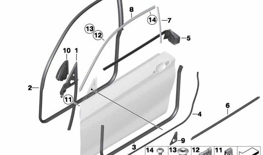 Sellado exterior de puerta delantera izquierda OEM 51337267903 para BMW F21, F22, F23. Original BMW.