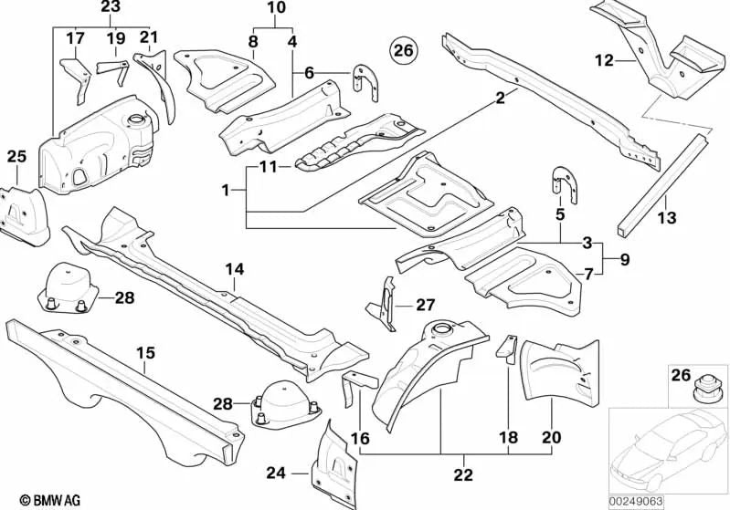 Right boot floor for BMW Z4 E85, E86 (OEM 41127076084). Original BMW.