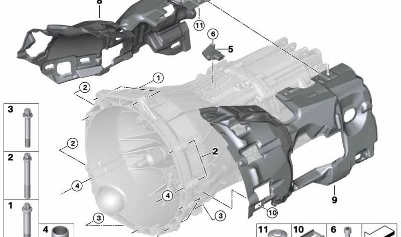 Aislamiento acústico de la carcasa de la transmisión derecha para BMW Serie 3 G20, G21, Serie 5 G30, G31, X3 F25, G01, Z4 G29 (OEM 23008684804). Original BMW