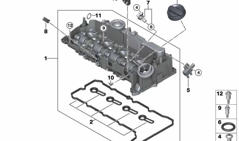 Cylinder Head Cover for BMW 2 Series F45, F46, X1 F48, X2 F39, Mini F54, F55 (OEM 11128581797). Original BMW