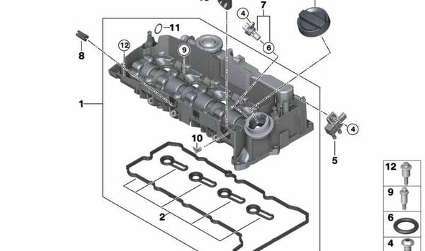 Cubierta de Culata para BMW Serie 2 F45, F46, X1 F48, X2 F39, Mini F54, F55 (OEM 11128581797). Original BMW