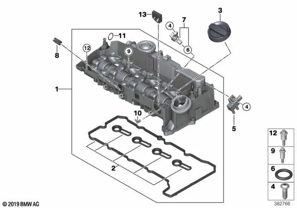 Tapa de culata para BMW Serie 1 F40, Serie 2 F44, F45N, F46N, X1 F48, F48N, X2 F39 (OEM 11128579961). Original BMW