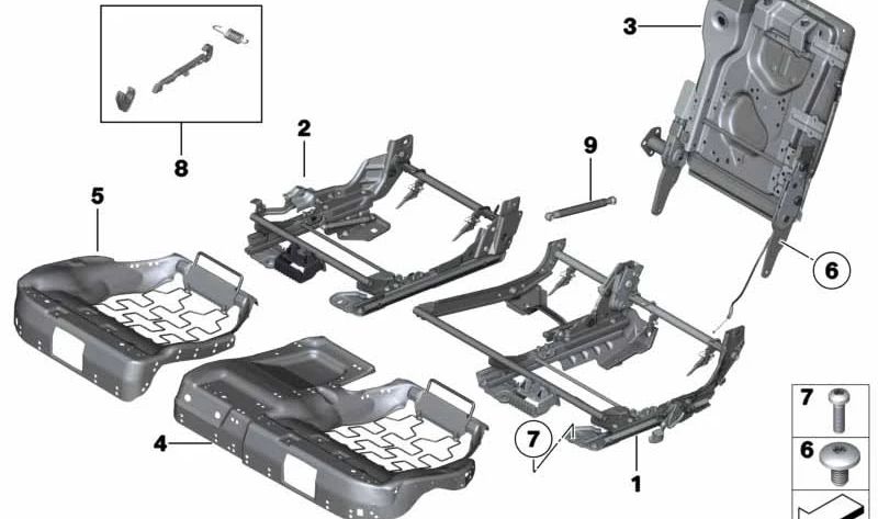 Estructura del asiento derecho OEM 52207332638 para BMW F07 (Serie 5 Gran Turismo). Original BMW.