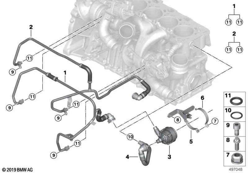 Tubería de refrigerante antes del turbocompresor de gases de escape para BMW G87 Serie 2, G80, G81 Serie 3, G82, G83 Serie 4, F97, F97N X3, F98, F98N X4 (OEM 11538746394). Original BMW