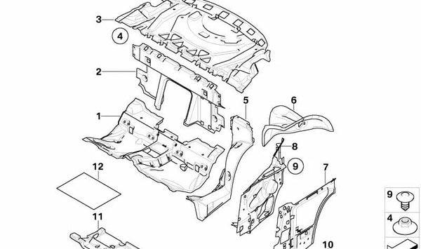 Aislador acústico. Paso de rueda maletero derecha para BMW E63, E63N (OEM 51487039252). Original BMW.