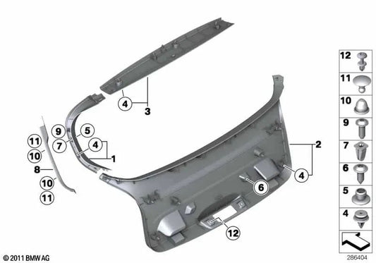 Left rear tailgate trim for BMW F20, F21 (OEM 51497239897). Genuine BMW.