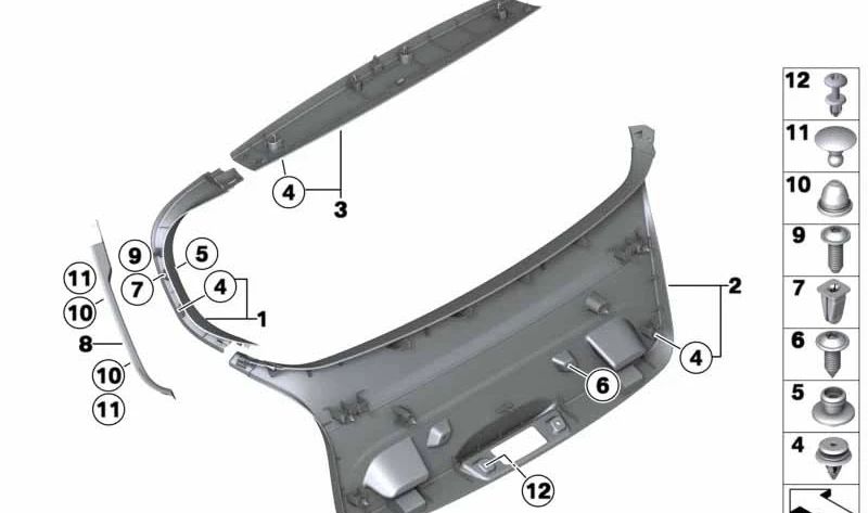 Revestimiento superior del portón trasero OEM 51497239893 para BMW F20, F21. Original BMW.