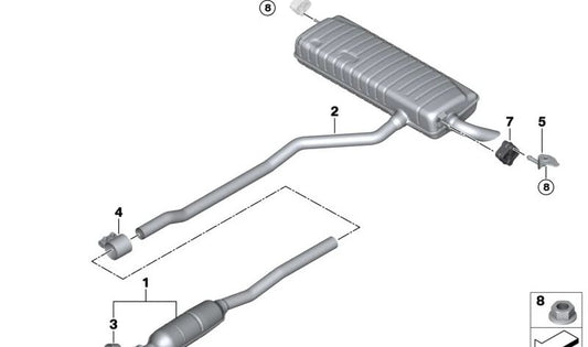 Hinterer Schalldämpfer mit Zwischenrohr OEM 18305A1D077 für BMW Series 1 (F20, F21), Serie 2 (F22, F23, F87), Serie 3 (F30, F31, F34), Serie 4 (F32, F33, F36, F82, F83) . Original BMW.