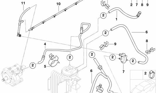 Soporte de Manguera para BMW F30, F35, F36, E39, E60, E61, F07N, F10, F11, F18, E63N, E64N, E84, F15 (OEM 13311307296). Original BMW.