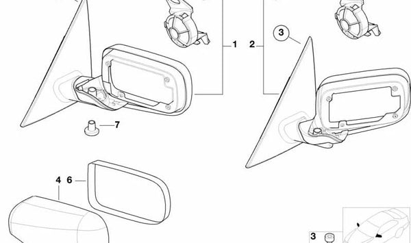 Espejo retrovisor exterior calefactable con memoria izquierdo para BMW Serie 3 E46 (OEM 51167892025). Original BMW