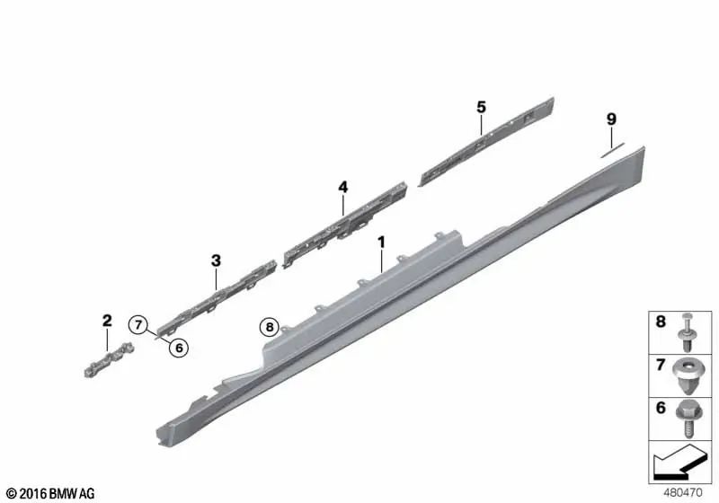 Primed left door sill trim for BMW 4 Series F32, F33 (OEM 51778060847). Original BMW