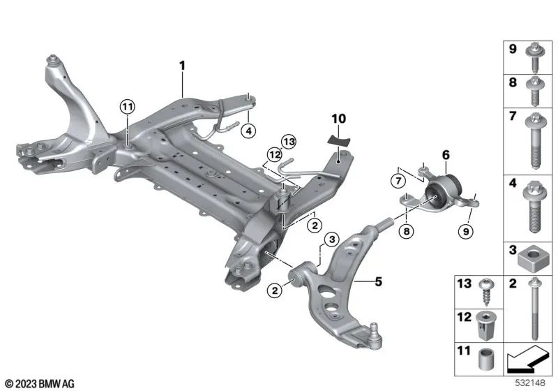 Soporte de eje delantero para BMW F40, F52, F44, F45, F45N, F46, F46N, F48, F48N, F49, F39 (OEM 31116872729). Original BMW