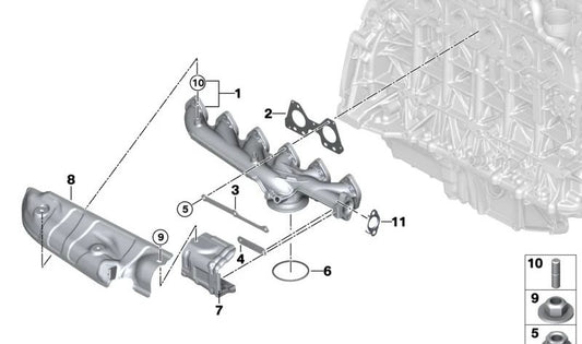 Escudo térmico para BMW Série 3 E90N, E91N, E92, E93, F30, F31, F34, Série 4 F32, F33, F36, Série 5 F07, F10, F11, Série 7 F01, F02, X3 F25, X4 F26, X5 E70N, F15, X6 E71, F16 (OEM 11628511809). BMW originais.