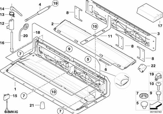 Soporte amortiguador a gas izquierdo para BMW E64, E64N (OEM 51177117835). Original BMW.