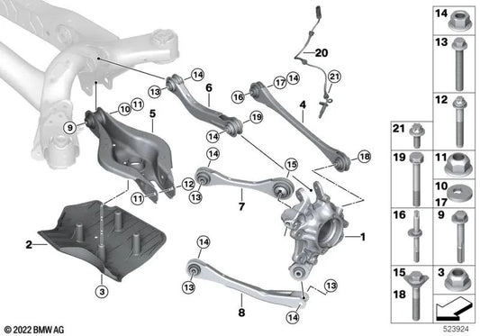 Rear left wheel carrier for BMW 3 Series G20, G20N, G21, G21N, G28, G28N (OEM 33306898479). Genuine BMW