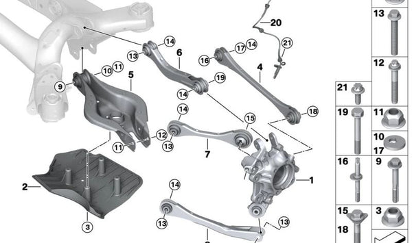 Brazo de suspensión trasero con silentblock OEM 33326884694 para BMW F20, F21, F22, F23, G42, F30, F31, F34, F35, G20, G21, G28, F32, F33, F36, G22, G23, G26, G29. Original BMW.