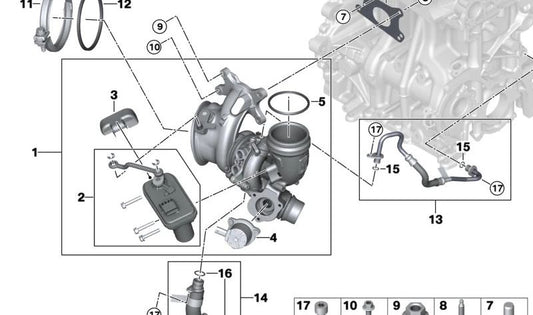 Tubería de retorno de aceite del turbo OEM 11428489614 para BMW F70, U06, U11, U10, F65, F66, U25. Original BMW.