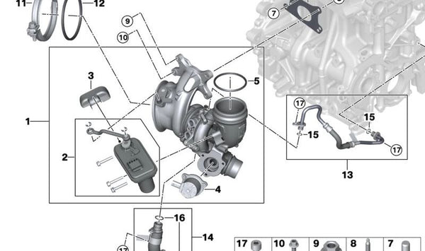 Juego de actuadores de la válvula wastegate para BMW F70, U06, U11, U12, U10, y MINI F65, F66, U25 (OEM 11655A585B3). Original BMW