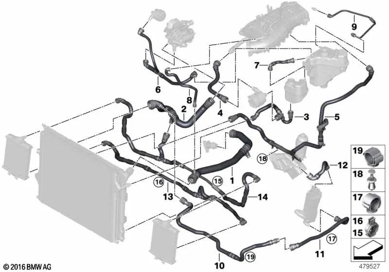 Manguera del depósito de compensación para BMW F20N, F21N, F22, F23, F30N, F31N, F34N, F35N, F32, F33, F36 (OEM 17128623572). Original BMW