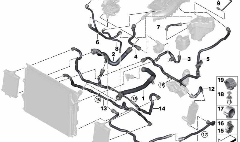 Manguera Radiador-Motor para BMW F20N, F21N, F22, F23, F30N, F31N, F34N, F35N, F32, F33, F36 (OEM 17128616528). Original BMW
