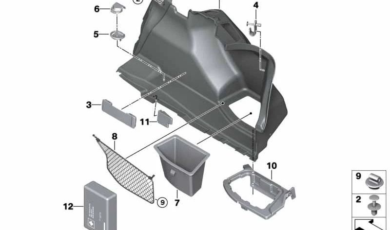 Revestimiento del compartimento de equipaje derecho para BMW Serie 2 F22, F87 (OEM 51477296042). Original BMW.