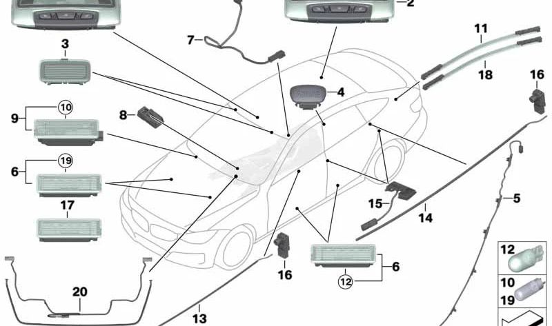 Luz guía puerta trasera superior derecha OEM 63319248670 para BMW F34 (Serie 3 GT). Original BMW.