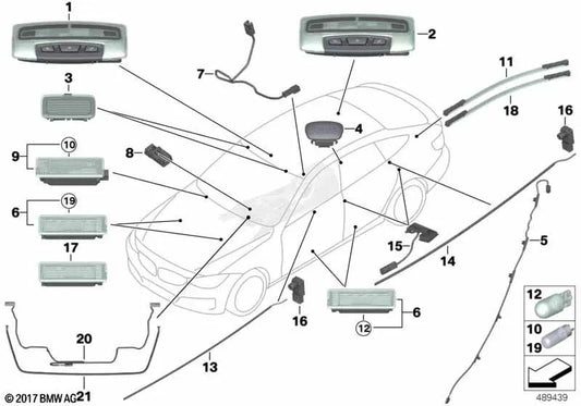 Luz interior delantera para BMW F20, F21, F22, F23, F30, F31, F34, F35, F32, F33, F36, I12N, F15, F85, F16, F86 (OEM 63319312494). Original BMW