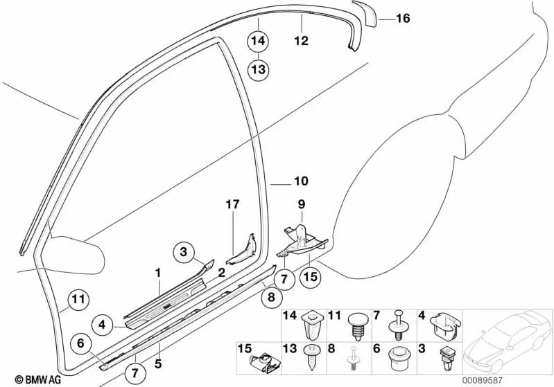 Lista de cobertura entrada interior izquierda para BMW Serie 3 E46 (OEM 51478239961). Original BMW