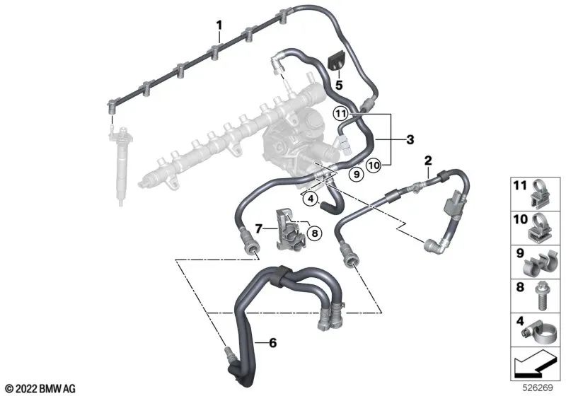 Soporte de manguera para BMW Serie 2 G42, Serie 3 G20, G21, G28, Serie 4 G22, G23, G26, Serie 5 G30N, G31N, Serie 6 G32N, Serie 7 G11N, G12N, G70, Serie 8 G14, G15, G16, X3 G01, X4 G02, X5 G06N, X6 G06N, X7 G07N (OEM 13539885244). Original BMW