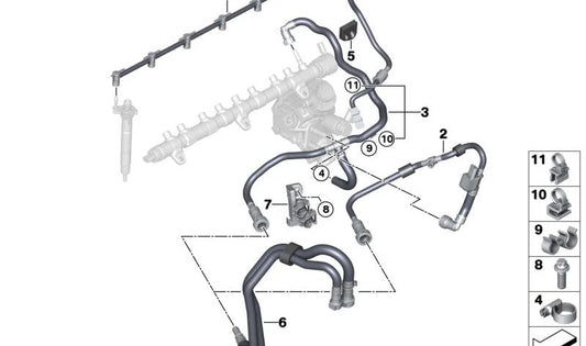 Tubería de suministro de combustible con sensor para BMW G20N, G30, G31, G32, G11, G12, G14, G15, G16, G01, G02, G05, G06, G07 (OEM 13538571669). Original BMW.