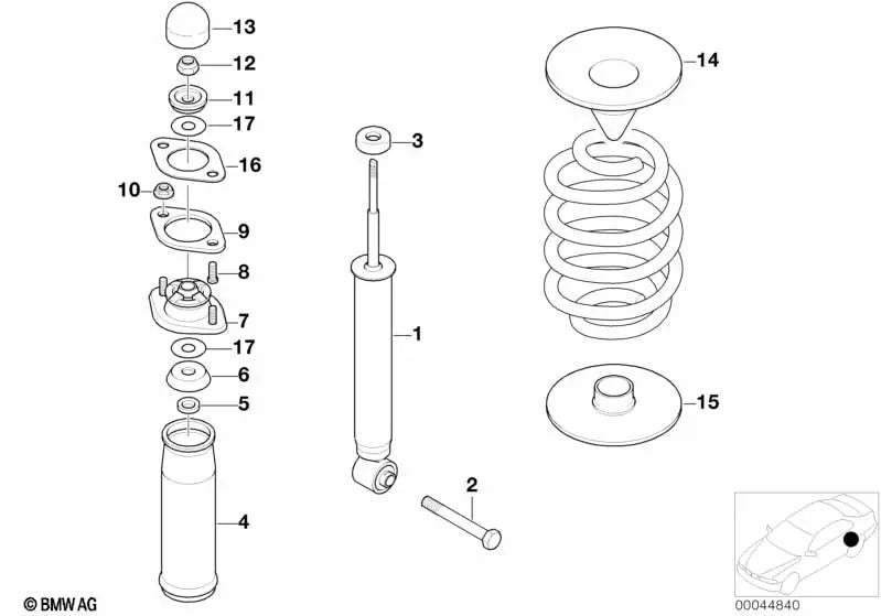 Assorbitore di shock posteriore per BMW E39, E46 (OEM 3352228358). BMW originale.