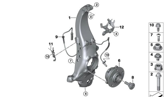 Front left steering knuckle OEM 31216858213 for BMW I12 (i8), I15 (i8 Roadster). Original BMW.