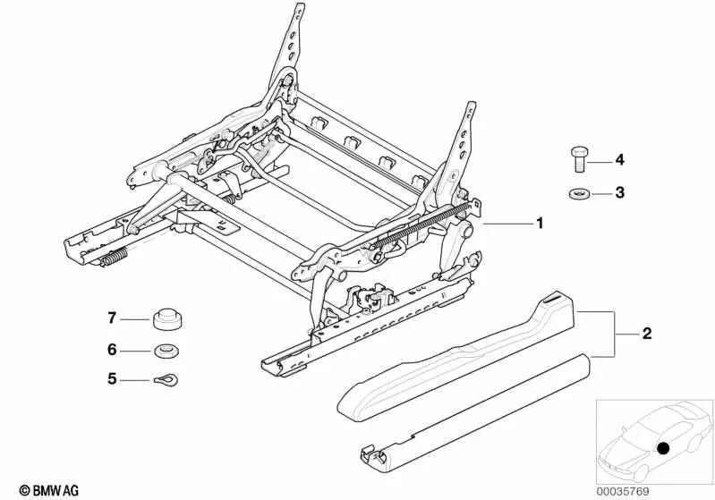 Mecanismo del asiento derecho para BMW Serie 3 E46, X3 E83, E83N, X5 E53 (OEM 52108226268). Original BMW