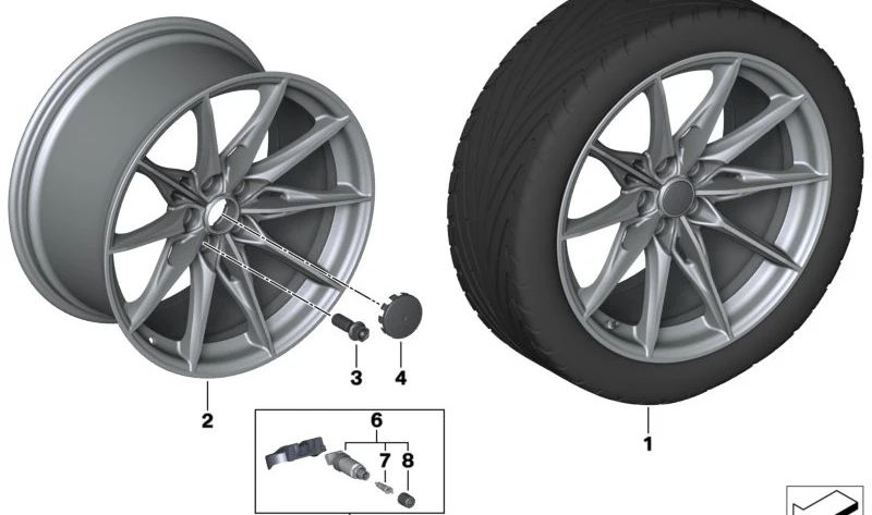 Llantas de aleación OEM 36118813060 acabado frozen gunmetal para BMW Serie 3 (F30, G20), Serie 4 (F32, F33, F36) y otros modelos compatibles. Original BMW.