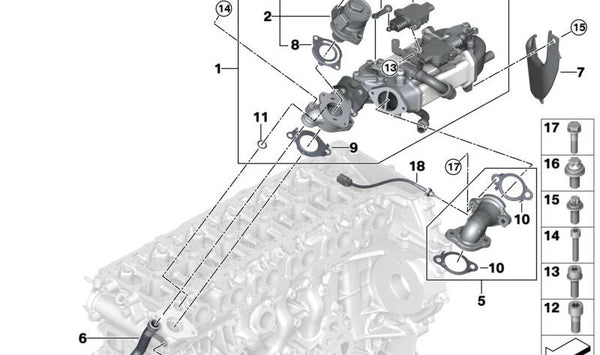 Enfriador de Gases de Escape para BMW G20, G21, G22, G23, G26, G30N, G31N, G32N, G11N, G12N, G14, G15, G16, G01, G02, G05, G06, G07 (OEM 11718598309). Original BMW