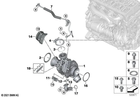 Soporte del Turbo de Escape para BMW F20N, F21N, F22, F23, F30, F31, F34, F32, F33, F36, F10N, F11N, G30, G31, F25, G01, F26 (OEM 11658513642). Original BMW.