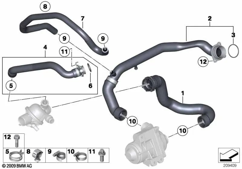 Manguera de agua de avance/intercambiador de calor para BMW E70N, E71 (OEM 11537589949). Original BMW.