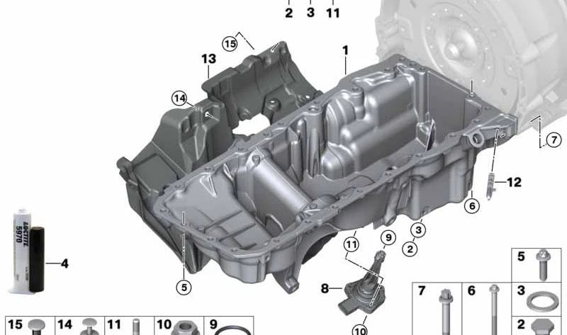 Cárter de aceite OEM 11138580128 para BMW G42, G20, G21, G22, G23, G26, G30, G31, G32, G12, G14, G15, G16, G01, G02, G05, G18, G06, G07. Original BMW.