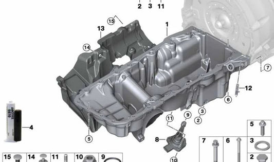 Cárter de aceite OEM 11138580128 para BMW G42, G20, G21, G22, G23, G26, G30, G31, G32, G12, G14, G15, G16, G01, G02, G05, G18, G06, G07. Original BMW.