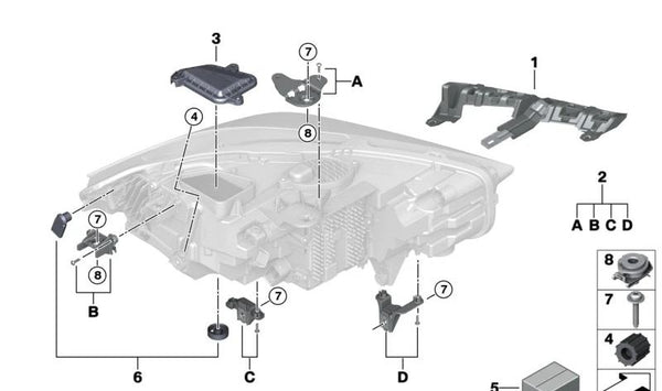 Tapa de cubierta del faro derecho para BMW F40, F44 (OEM 63119448106). Original BMW