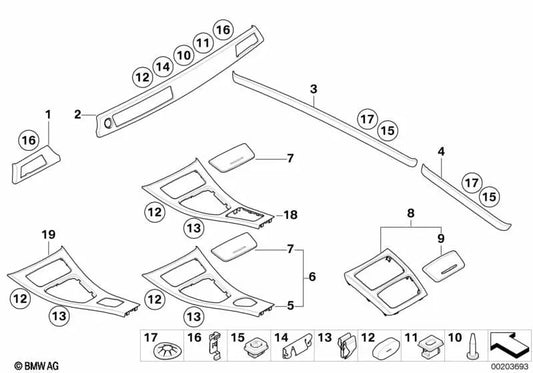 Blende de la consola trasera delantera para BMW E92, E92N, E93, E93N (OEM 51169147394). Original BMW