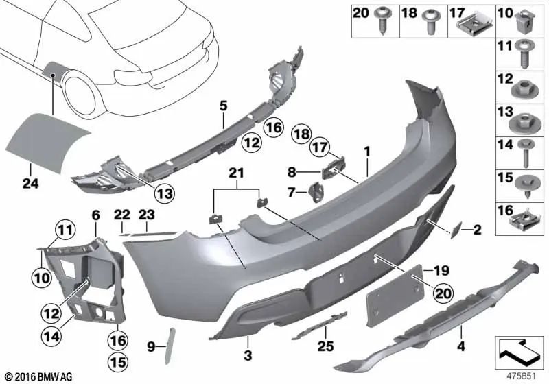 Revestimiento parachoques imprimado trasero para BMW F22, F23 (OEM 51128055965). Original BMW.