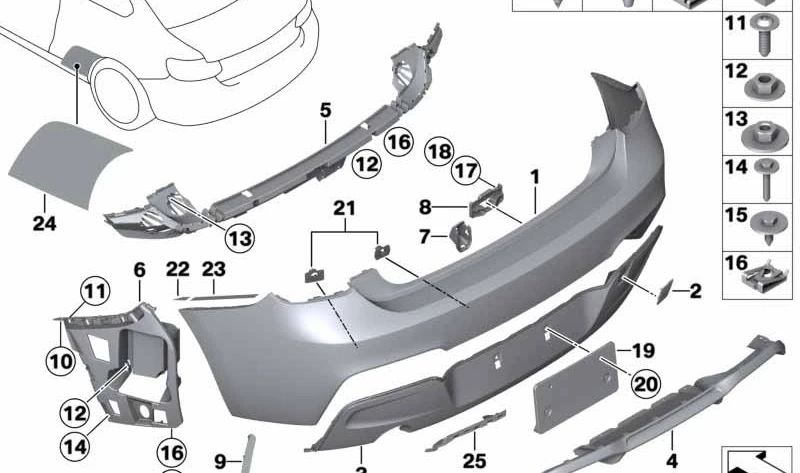 Guía central trasera OEM 51127240953 para BMW F20, F21. Original BMW.