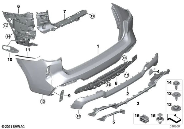 Soporte del parachoques trasero izquierdo para BMW E46, E90, F30 (OEM 51129850833). Original BMW