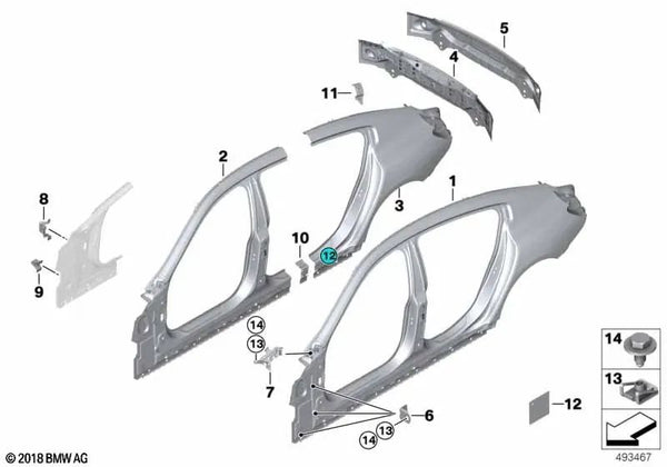 Chapa de refuerzo pilar C izquierda para BMW F93, G16 (OEM 41007494285). Original BMW.