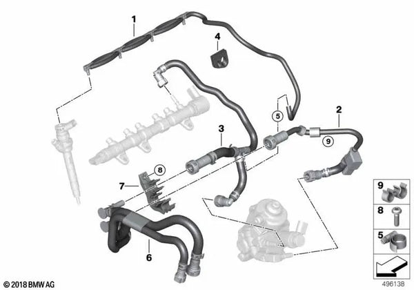 Tubería de suministro de combustible con sensor para BMW Serie 2 G42, Serie 3 G20, G21, G28, Serie 4 G22, G23, G26, Serie 5 G30, G31, Serie 6 G32, X3 G01, X4 G02 (OEM 13538579955). Original BMW.