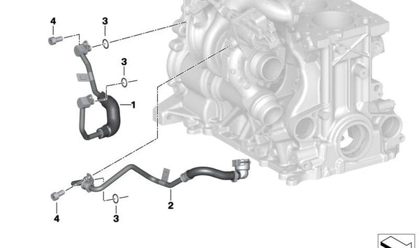 Tubo de retorno de refrigerante para turbocompresor OEM 11538854737 para BMW G42, G20, G21, G28, G22, G23, G26, G30, G31, G32, G11, G12, G01, G02, G05, G06, G29. Original BMW.