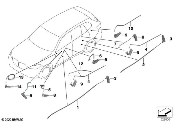 Conductor de luz para apertura de puertas delantero derecho para BMW X5 F95, G05, G18; X6 F96, G06; X7 G07 (OEM 63316996270). Original BMW.