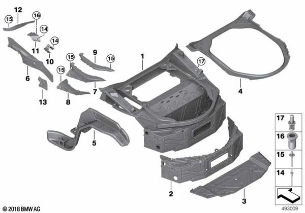 Plancha de refuerzo derecha para varios modelos/series de BMW (OEM 41009465486). Original BMW.