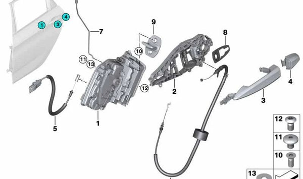 Cable Bowden para apertura interior de puerta trasera OEM 51227348814 para BMW Serie 2 Gran Tourer (F46). Original BMW.